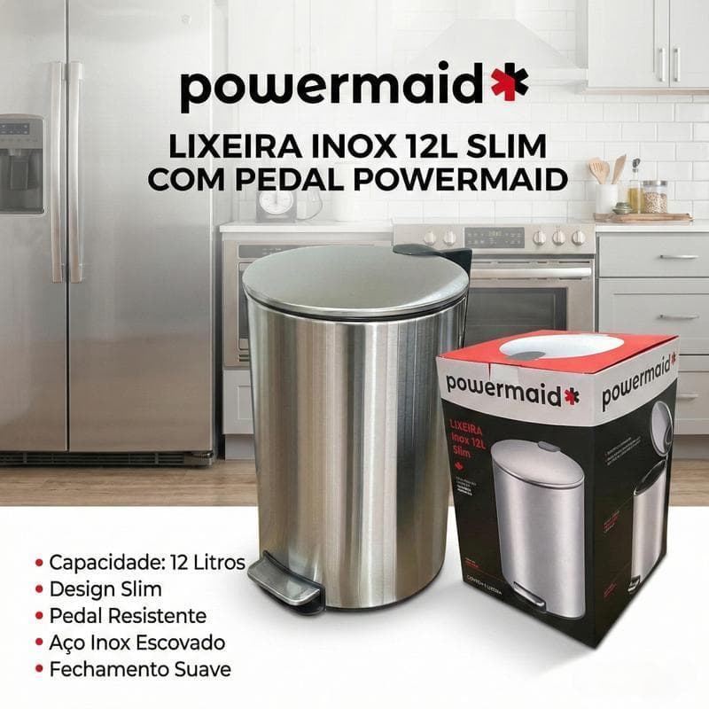 Lixeira Inox 12L Slim Com Pedal Powermaid | Design Moderno Para Cozinha Banheiro Escritório lixeira 12 litros