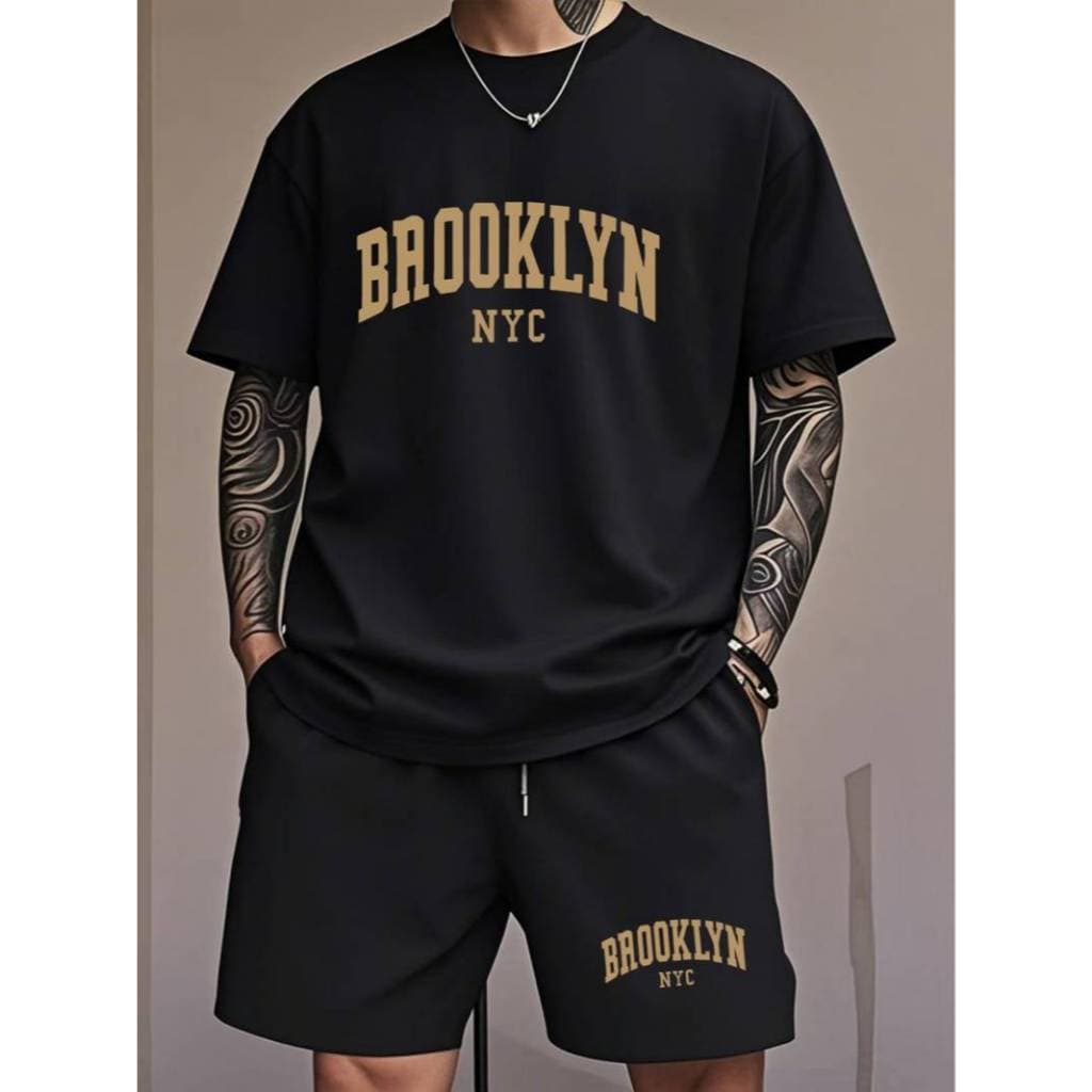 Camiseta Slim Básica Estampada Conjunto Masculino Short Moletinho Praia Brooklyn Hip Hop
