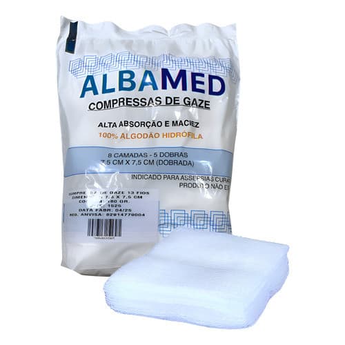Compressas De Gaze 13fios, 7,5cm X 7,5 100% Algodão Pct 180g Branco
