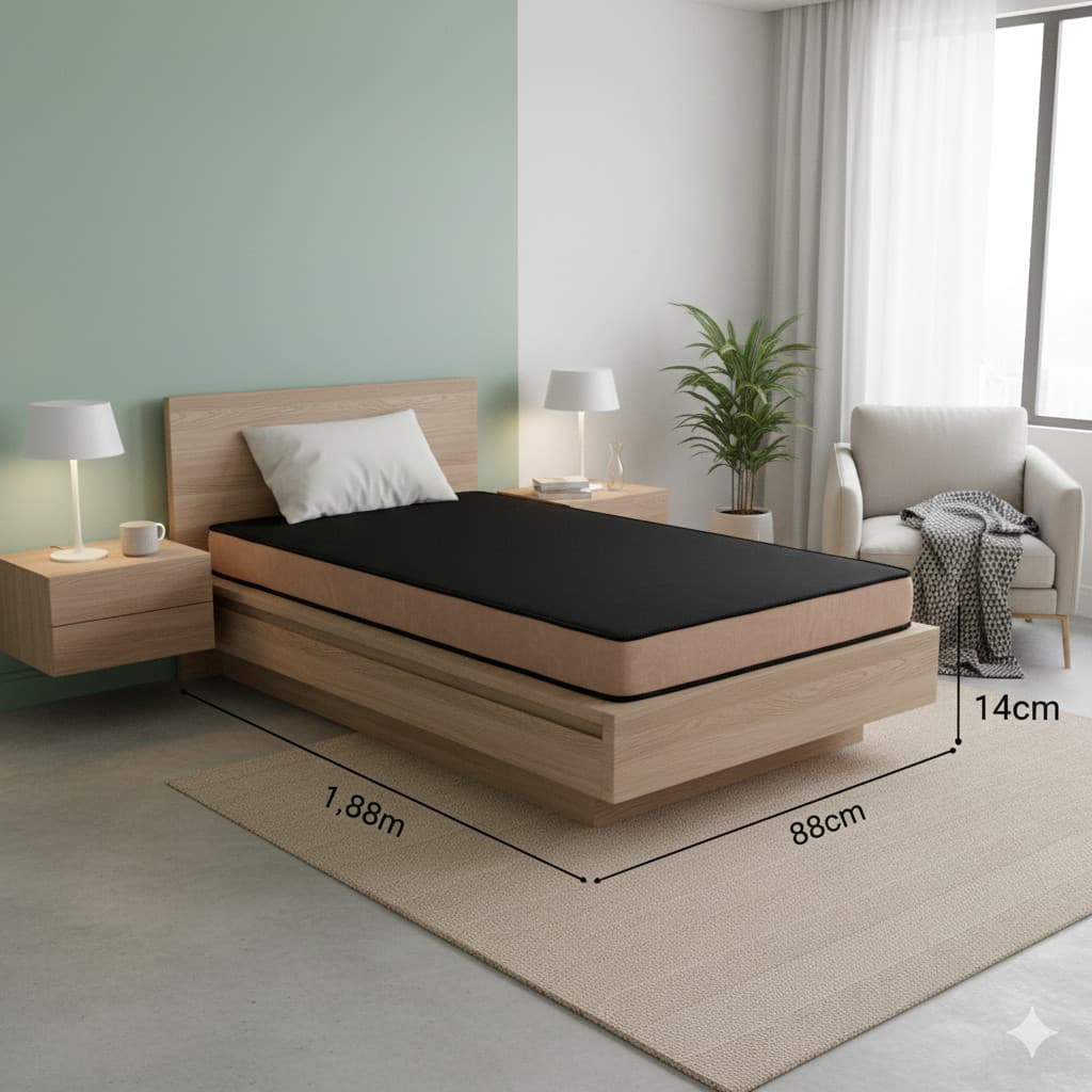 Colchão Solteiro 88x1,88x14 D28 Promoção Tecido Preto com Lateral Bege Confortável Melhor Preço.
