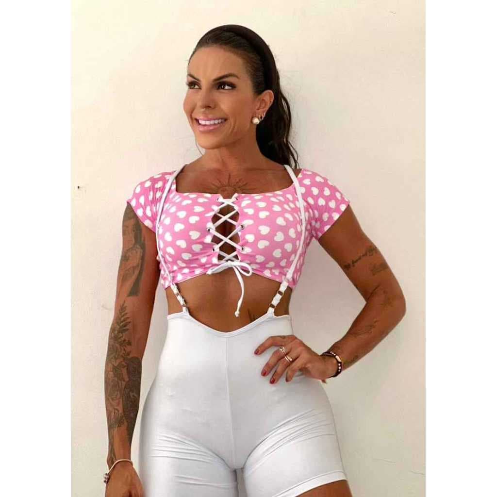 Suspensório Branco com Top Ombro a Ombro Rosa de Coração Branco com Zero Transparência