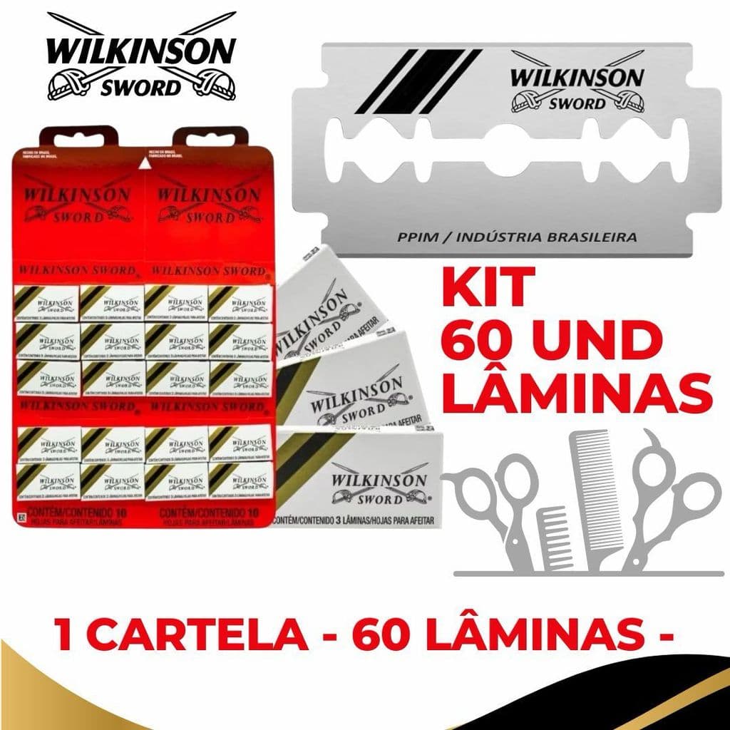 Kit com 60 Unidades Lâmina de Barbear Gilete Wilkinson Original Cartelas Barbearia