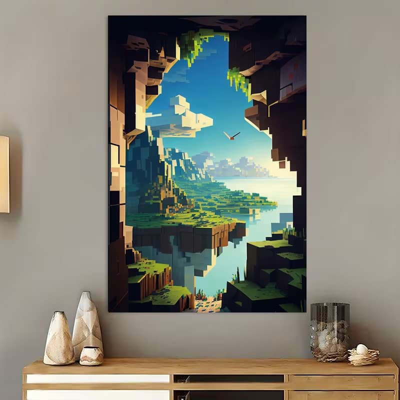 Quadro Decorativo Paisagem Minecraft Cubism World