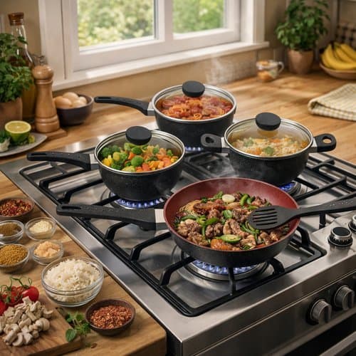 Conjunto Panelas Antiaderente Cozinha Completa 4 Pecas Tampa Vidro Preto Vermelho