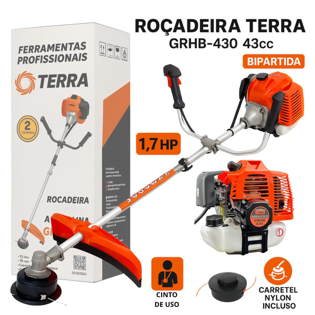 Roçadeira a Gasolina Terra 43cc 1.7HP com Haste Bipartida – Carretel de Nylon e Acessórios Completos