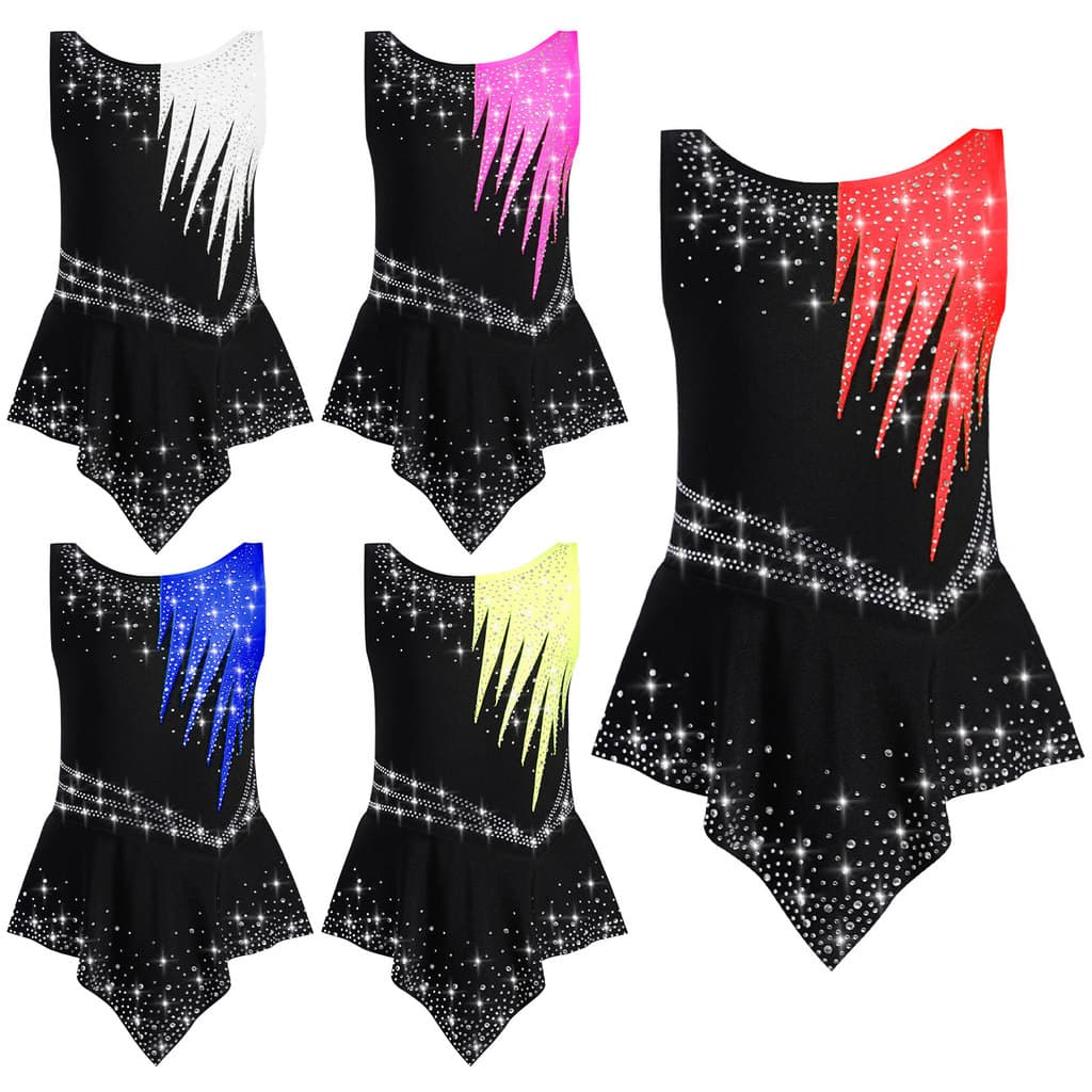 inhzoy Crianças Meninas Ginástica Rítmica Sem Mangas Collant Brilhante Strass Contraste Cor Bodysuit Competição Desempen
