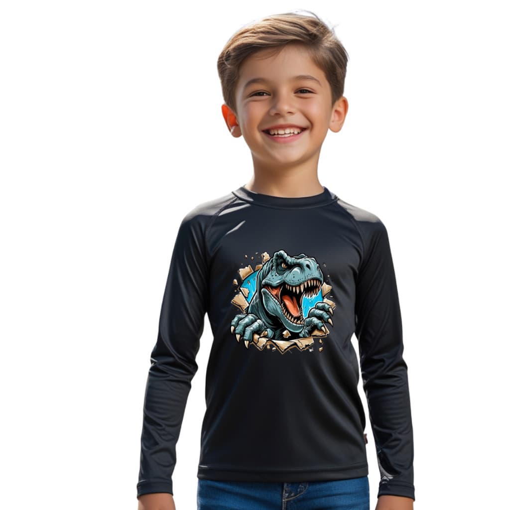 Camiseta Dinossauro T-Rex MeninoTérmica Juvenil Infantil Proteção Solar Uv 50+ Estampada Camisa