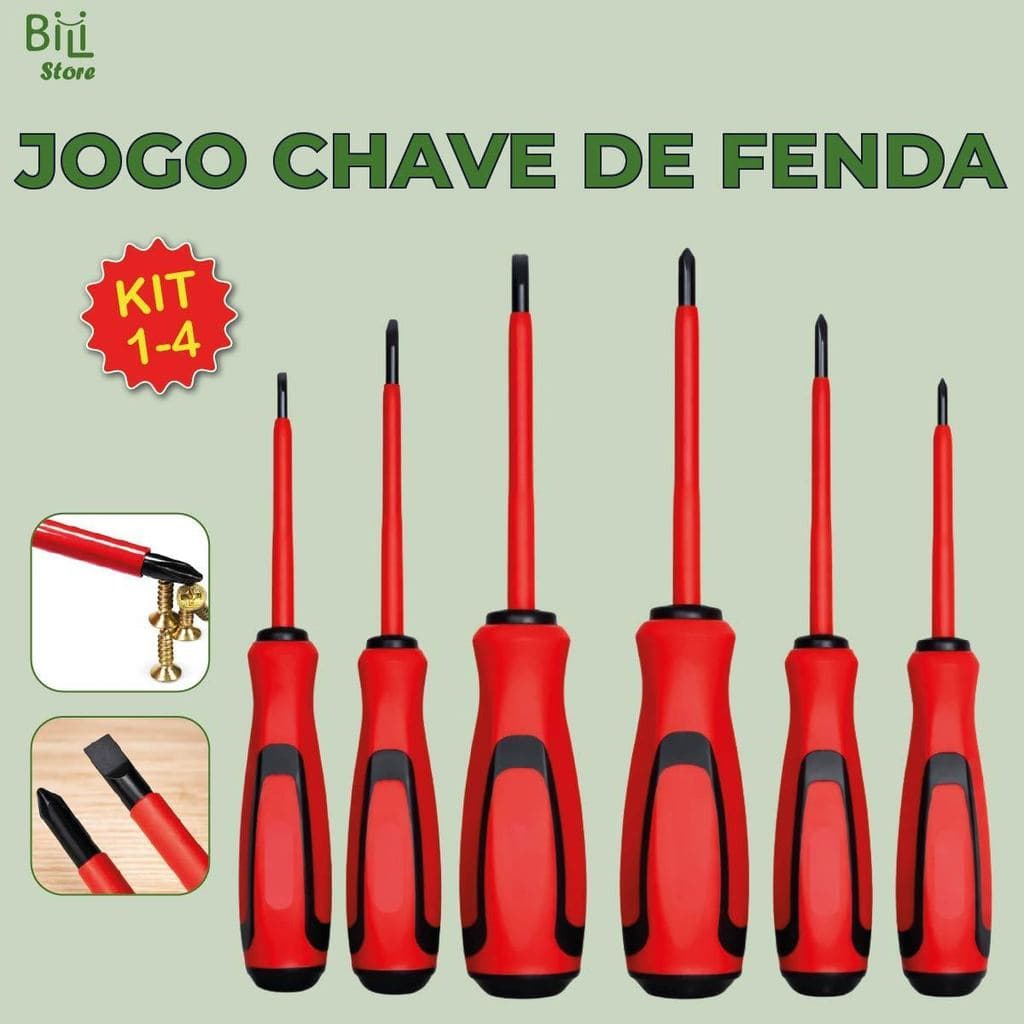 Jogo de Chaves de Fenda Philips Isoladas 6 Peças com Imã Cabo Emborrachado e Ponta Magnética