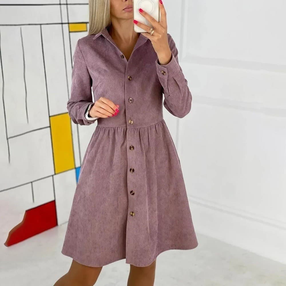 Vestido Feminino De Veludo Cotelê Com Botões E Manga Comprida