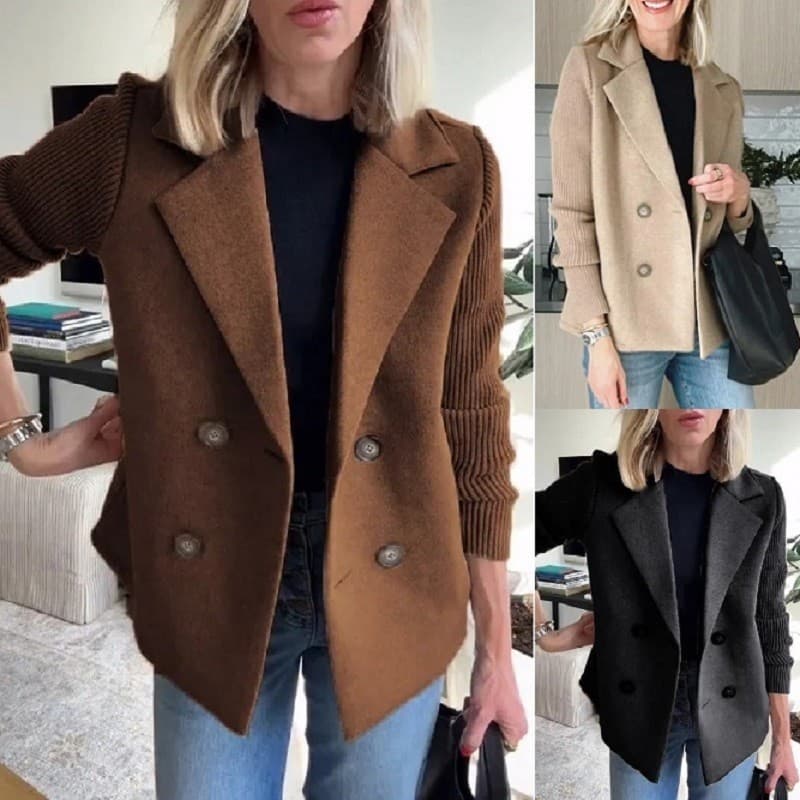 Casaco Feminino Com Botão De Lapela Tricotado Manga Patchwork Suéter Recortado Blazer Casacos De Trabalho De Negócios