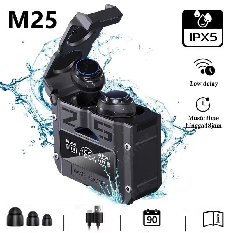 Fone De Ouvido Bluetooth Sem Fio TWS M25 Estéreo Esportivo Earbuds Com Tela Led Display KTS-55