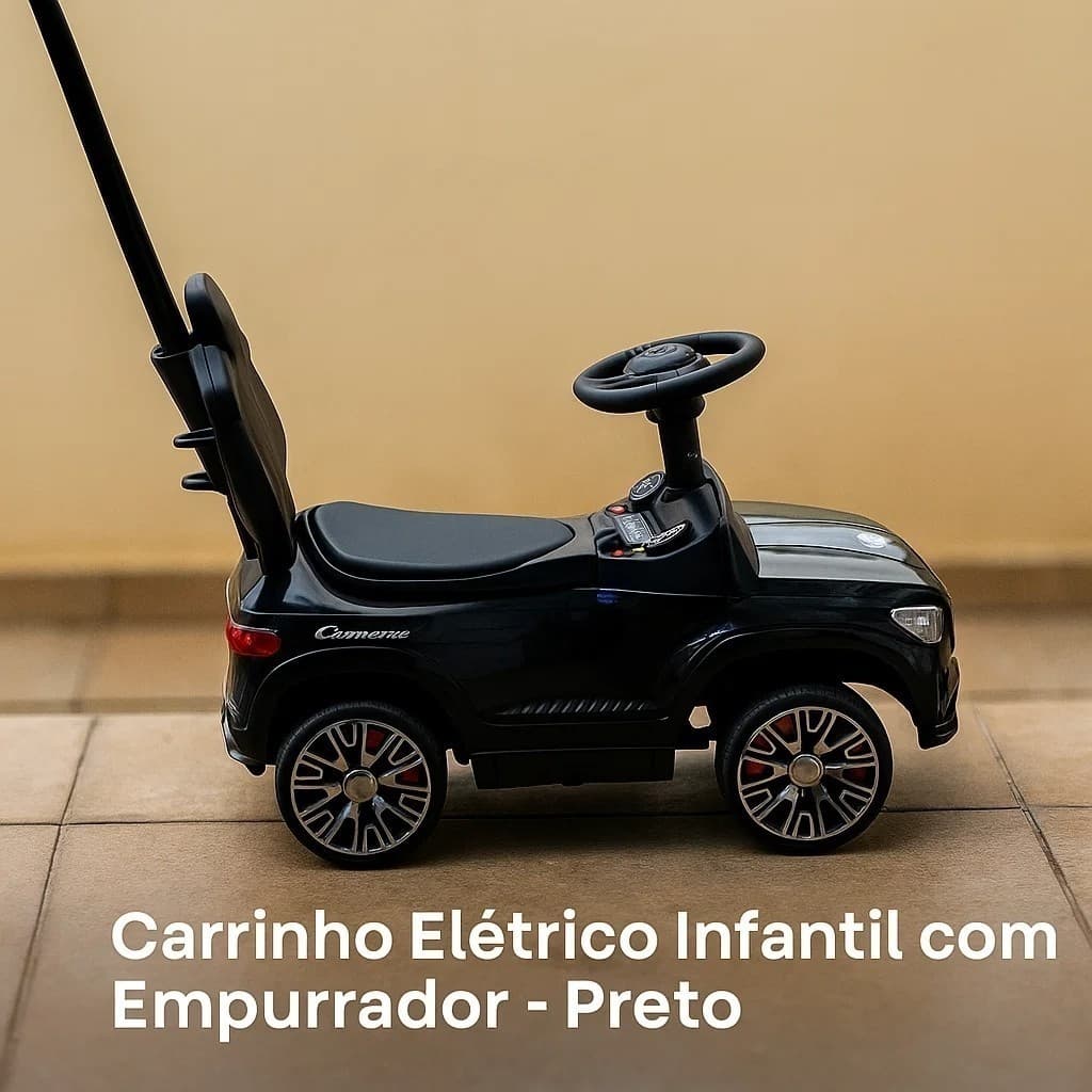 Carrinho Elétrico Infantil Empurrador Preto Mini Carro Alça Passeio Segurança