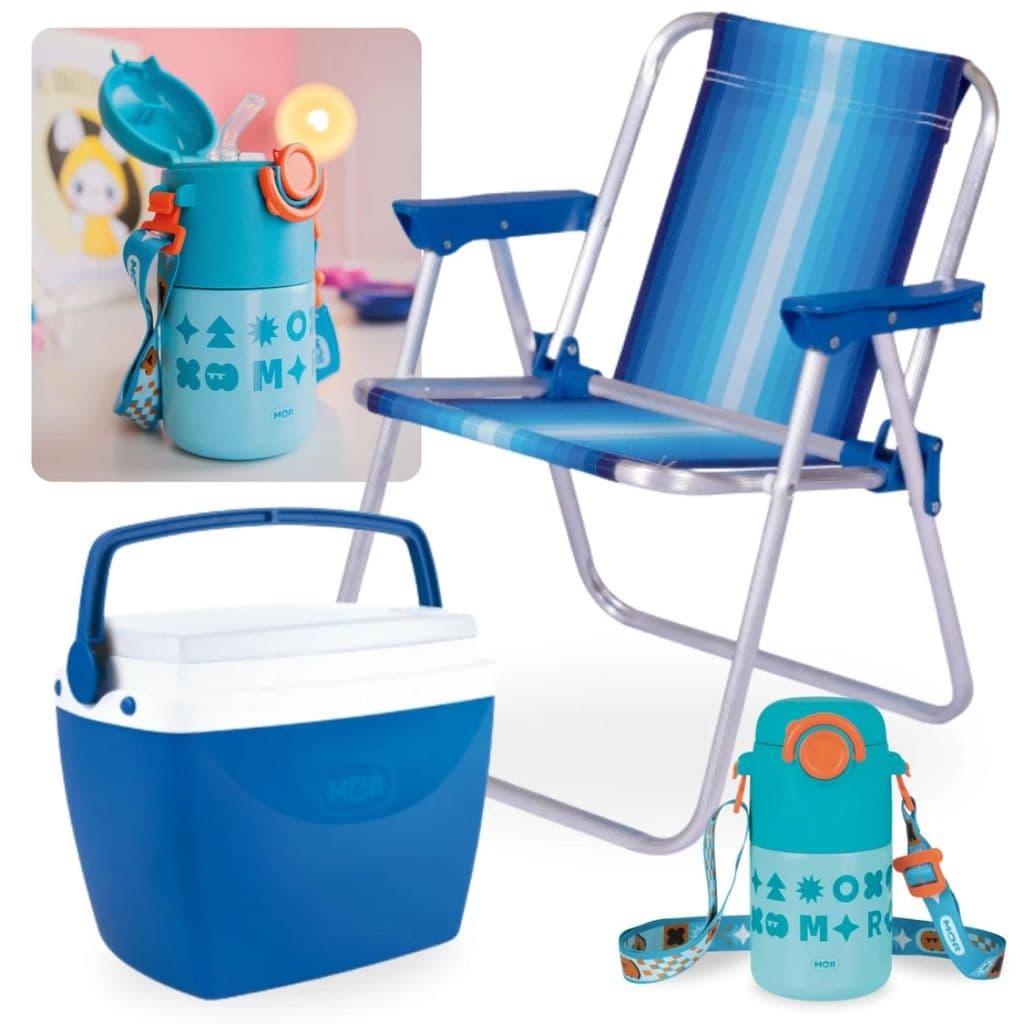 Kit Garrafa Térmica em Inox Azul 500ml + Cadeira de Praia Infantil + Caixa Térmica 6 Litros Pequena
