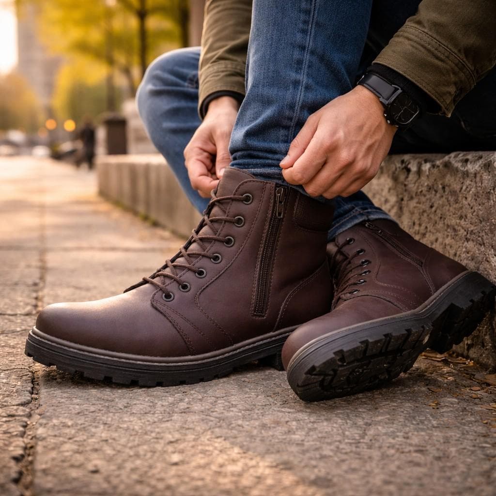 Bota Coturno Masculino Adventure Segurança Em Couro Ajuste Zíper Lateral Cano Médio Resistente