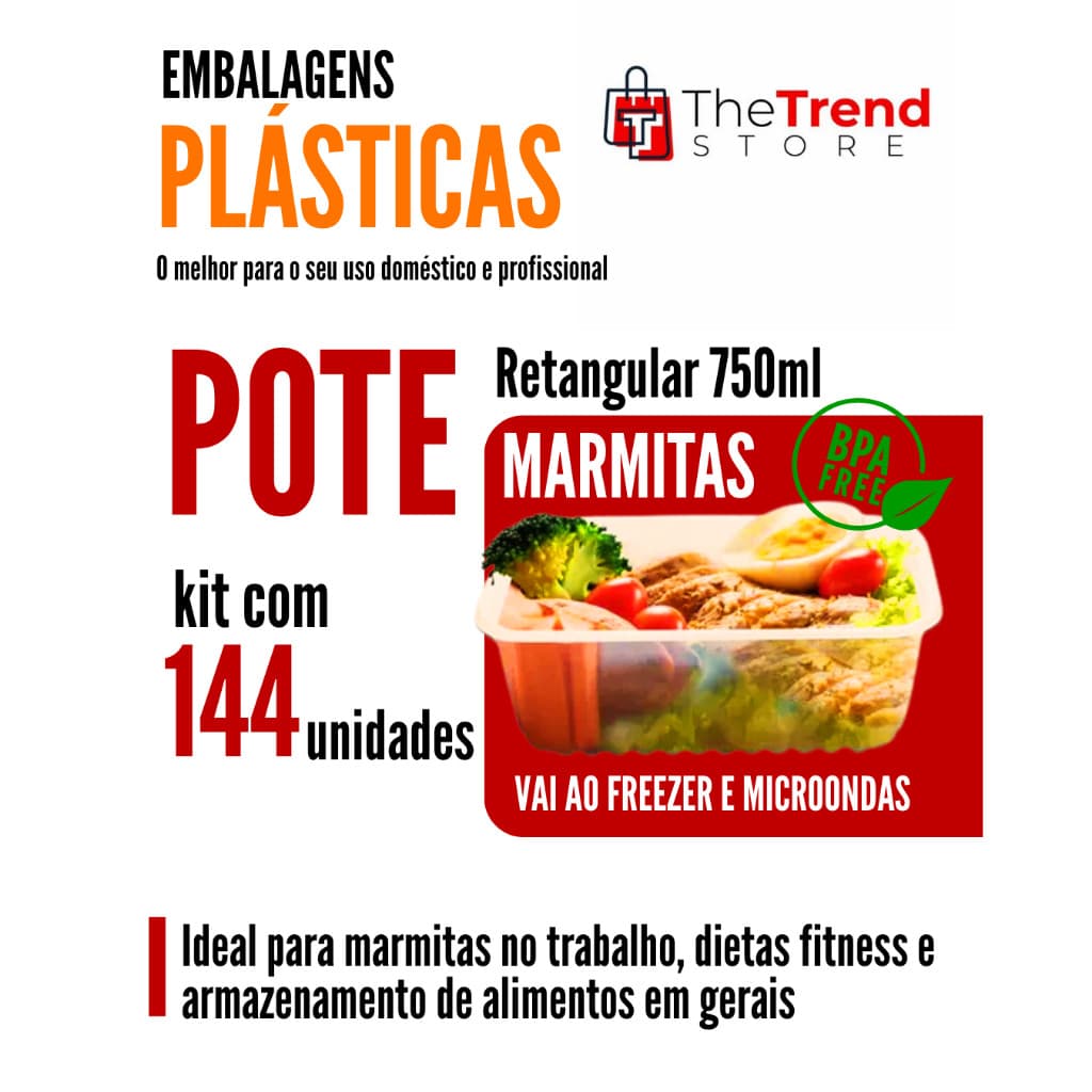 kit 144 Potes Marmita fitness embalagem descartável transparente  750 ml  BPA Free  vai ao freezer e microondas
