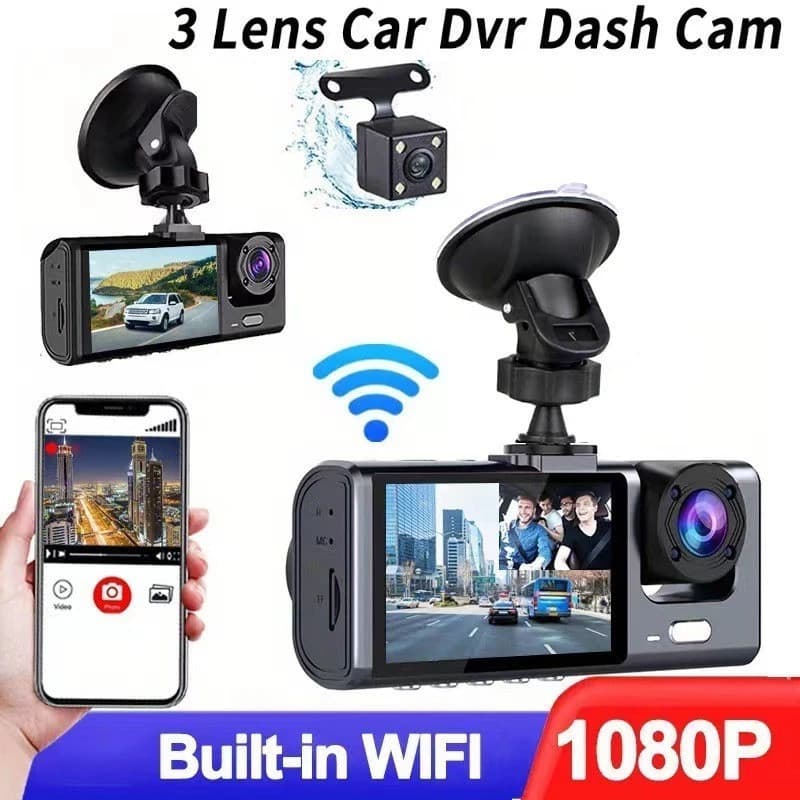 Câmera Veicular Full HD 1080p 3 Lentes (Frontal + Interna + Traseira) com Tela LCD | DVR Automotivo com Visão Noturna