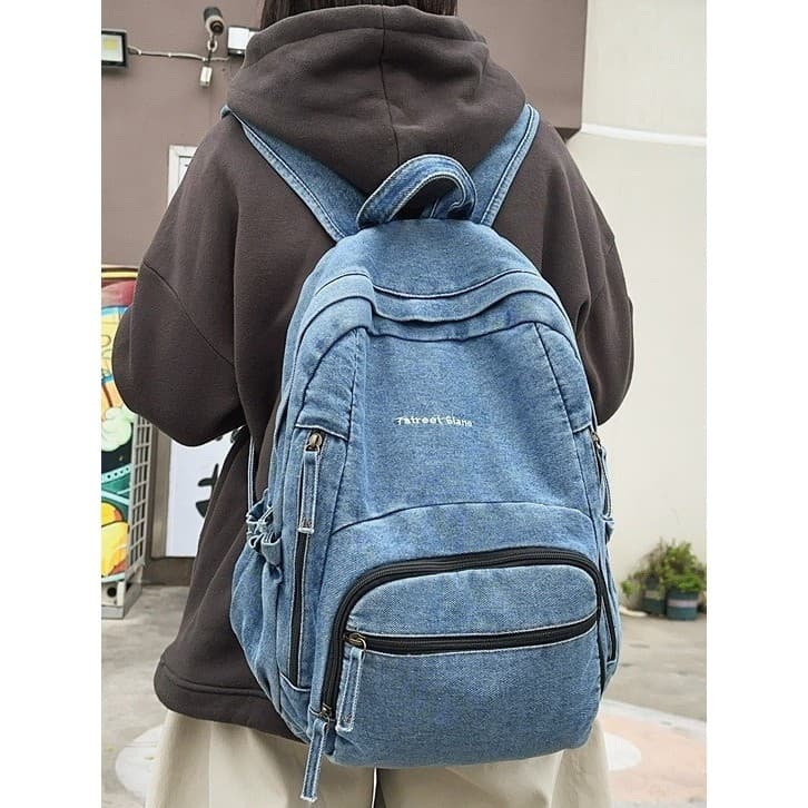 Mochila jeans desgastada com vários bolsos para meninos e meninas, bolsa Crossbody