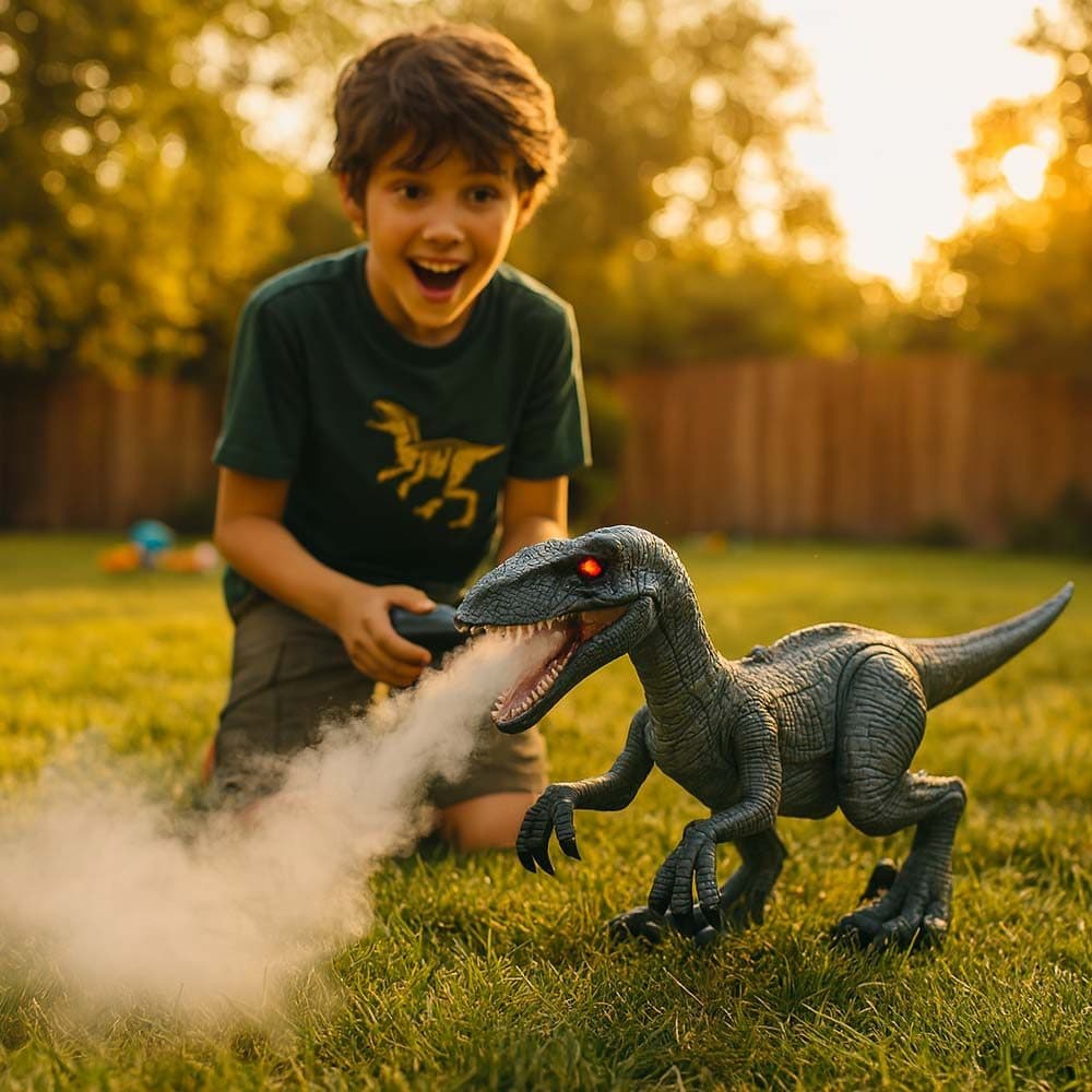 Dinossauro Velociraptor Controle Remoto C/ Fumaça de Verdade Brinquedo Dino Bots