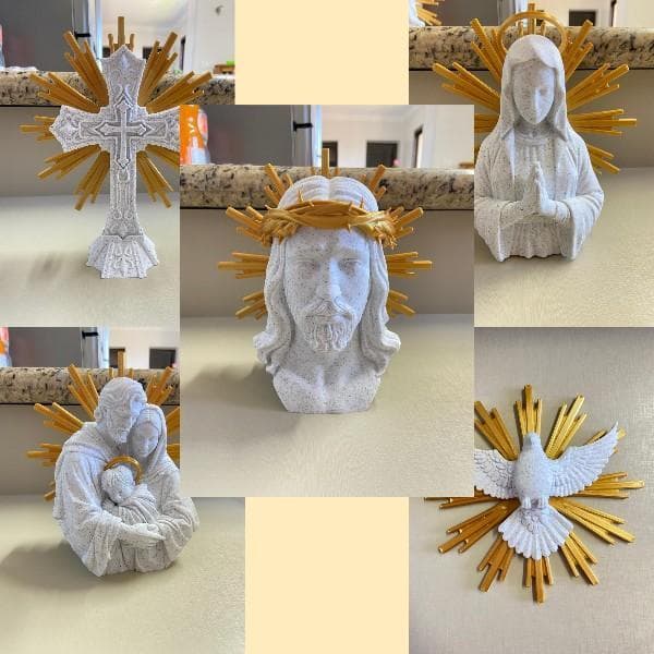 Estátuas Religiosas Católicas 5 Peças – Sagrada Família, Jesus Cristo, Nossa Senhora, Espírito Santo e Cruz Decorativa