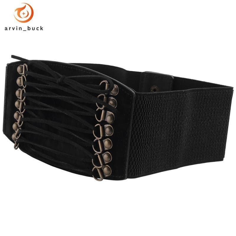 Cinto largo feminino com fivela elástica e rebites (preto)