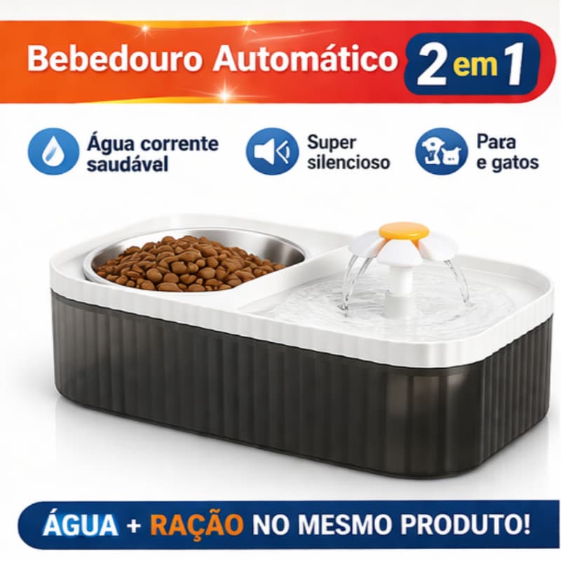 Bebedouro Comedouro Automático para Gatos e Cachorros + Tigela de Ração 2 em 1 Fonte de Água Silenciosa
