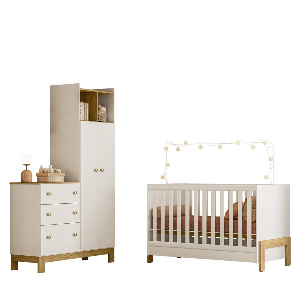 Jogo De Quarto Completo Infantil Bebê Guarda Roupa C/ Cômoda 2 Portas 3 Gavetas 1 Nicho Berço Mini Cama Flora 4970/4300