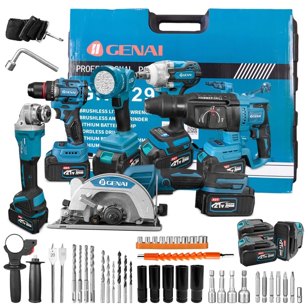 Kit 6 em 1 furadeira sem escova 21V + chave inglesa + rebarbadora + martelo + luz + motosserra