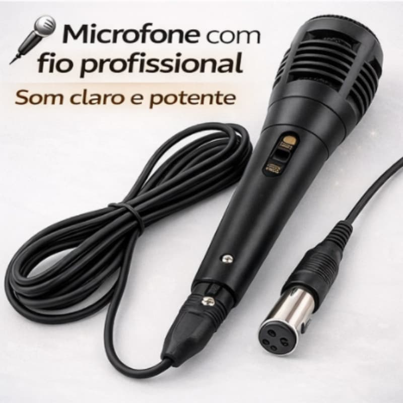 Microfone Karaokê Dinâmico com Cabo de 2.5 Metros Som Claro