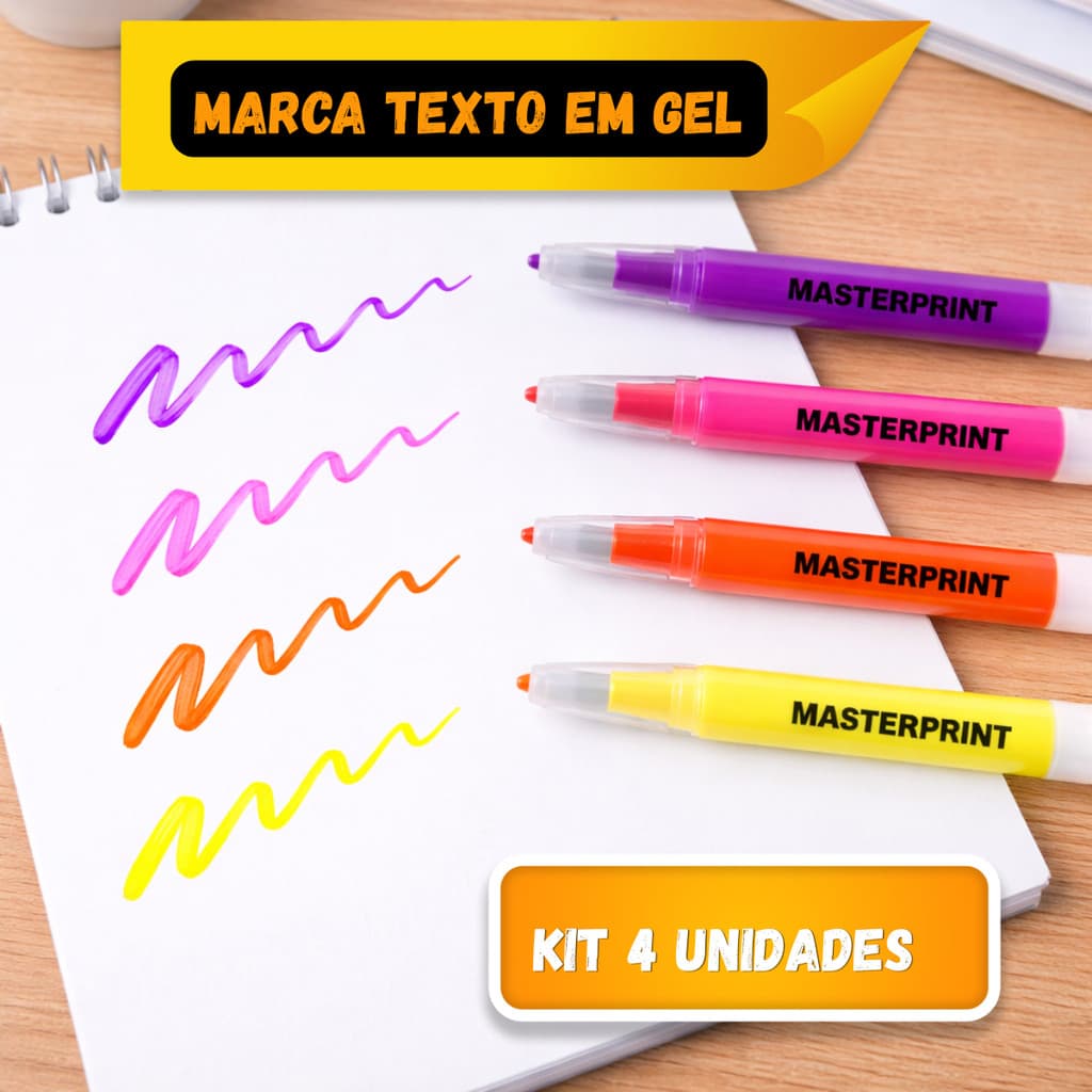 Kit Caneta Marca Texto em Gel 4 Cores Não Borra Secagem Rápida.