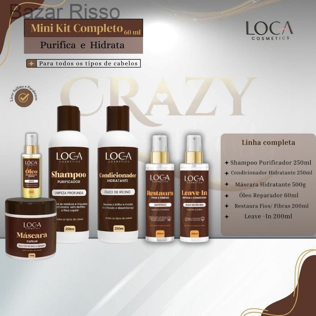 Kit Completo - Máscara + Shampoo 250ml+Cond. 250ml + Leave-in + Restaura +Óleo 60ml - Loca CosmeticsWMT3