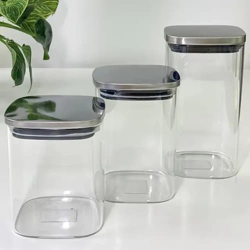 Jogo 3 Potes Vidro 1.4 L Hermetico Tampa Quadrada Inox