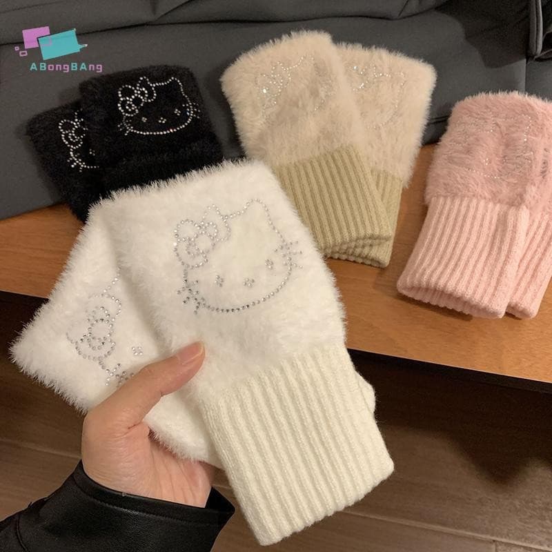 Abongbanghn Luvas De Meio Dedo Hello Kitty – Malha Quentes Resistentes Ao Frio Agradáveis