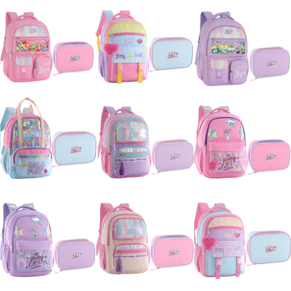 Kit Mochila Candy Colorido Estrela Holográfico Com Chaveiro Pompom Estojo Box Juvenil