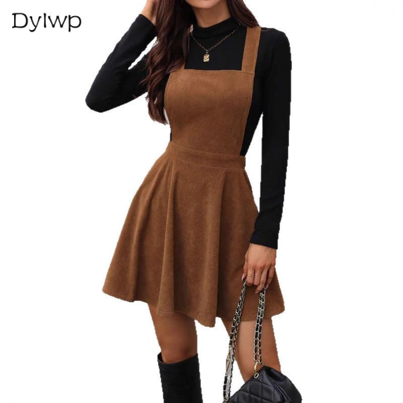 Vestido Feminino Retrô Com Alça Outono/Inverno Minivestido De Veludo Cotelê-& * -