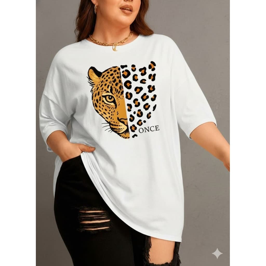 Camiseta Over Feminina De Onça Modinha Camisa 100% Algodão Oncinha