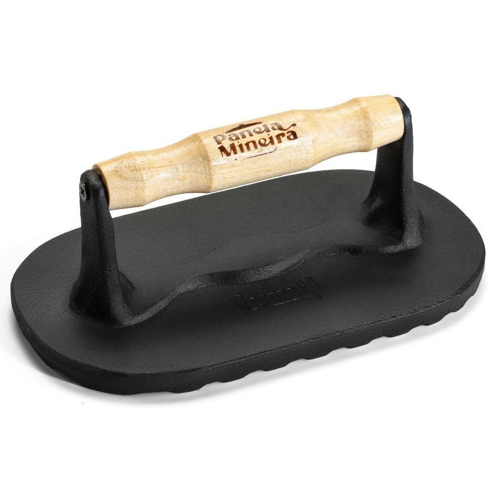 Prensador retangular 20×12×8cm ferro fundido alça madeira Panela Mineira