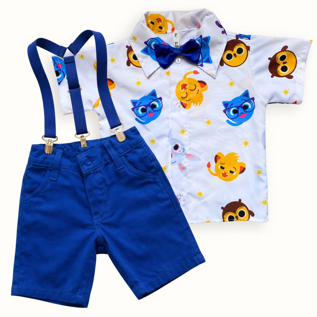Conjunto Bolofofos Infantil Look Festa, Aniversário e Mesversário Roupa Temática Menino com Suspensório e Gravata