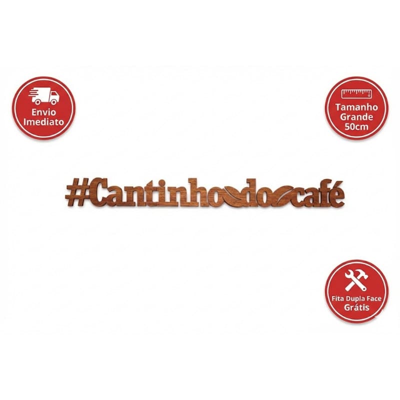 ☕ Placa Decorativa Cantinho do Café MDF Mogno 50cm - Frase Letreiro Parede - Aplique Sem Furos
