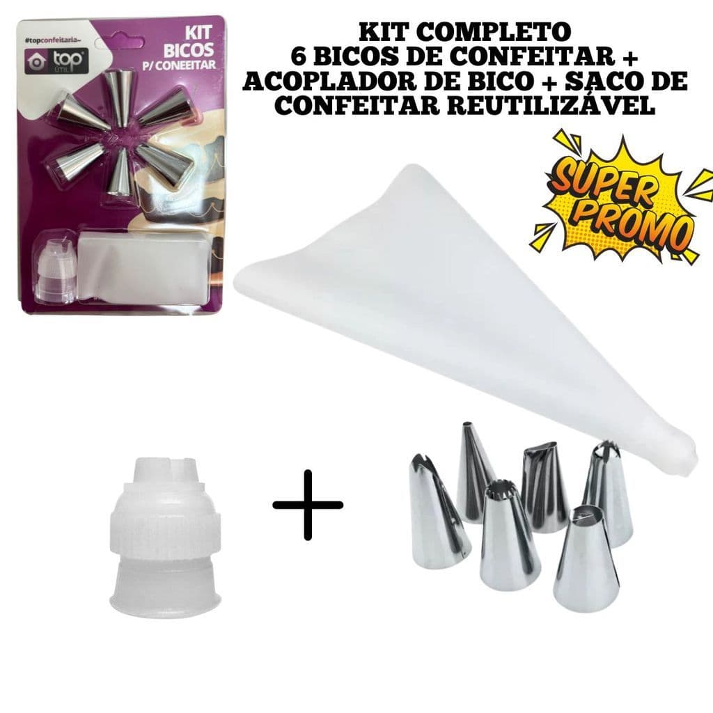 Kit Saco de Confeitar Reutilizável 26cm com 6 Bicos de Inox Para Confeitar Bolos Doces Premium
