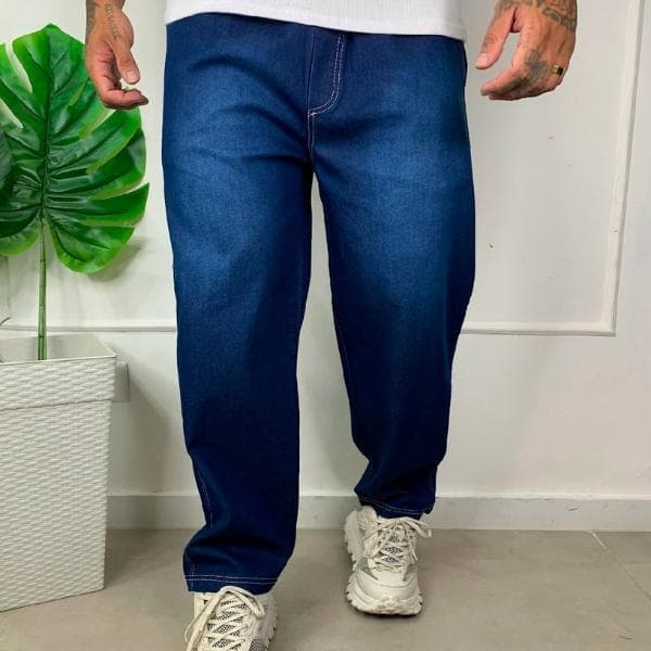 Calça Balão Jeans Azul Escura Masculina Streetwear Premium Larga