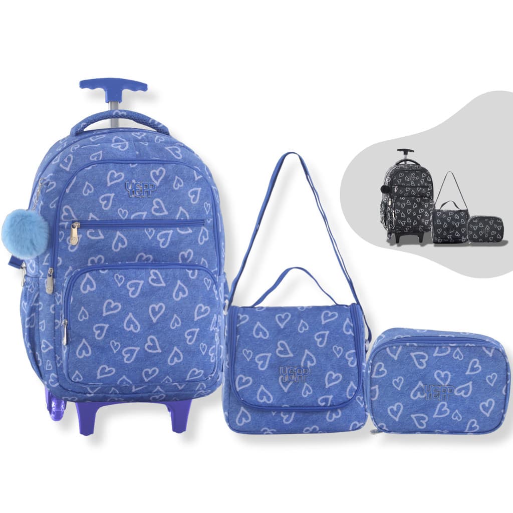 Kit Mochila Escolar PomPom de Princesa Coração Rodinha Juvenil Infantil Preta