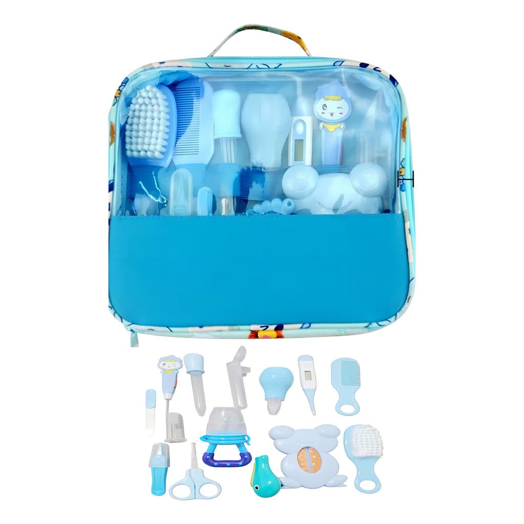 Kit Bebê Higiene Escova, Termômetro, Tesoura, Pente - 13 Pçs Cor Azul