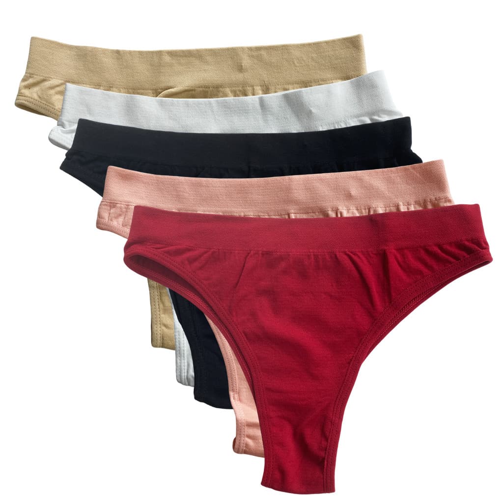 Kit Com 5 Calcinhas Tanga Feminina Cós Sem Costura Básica Lisa Forro Algodão