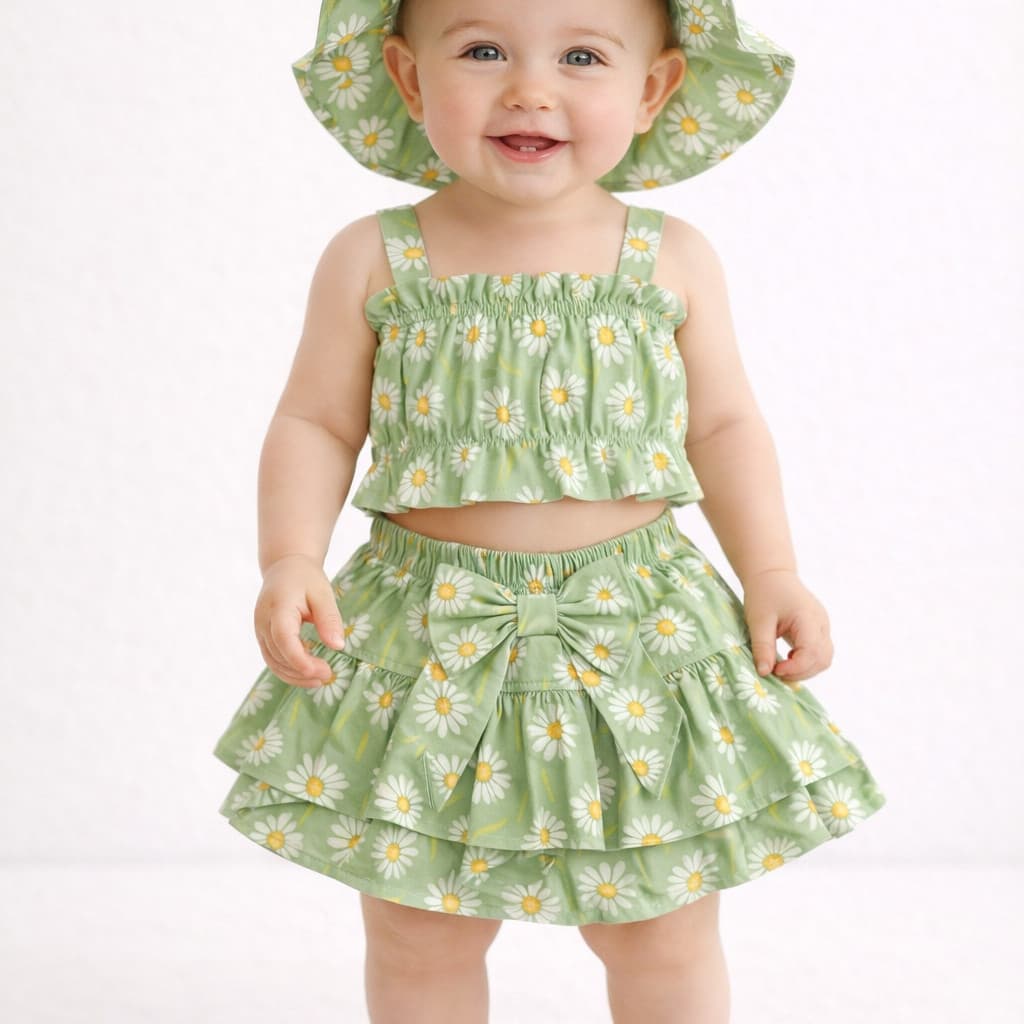 Conjunto Bebê Menina Banho De Sol 3 Peças com Chapéu Perfeito para o Verão