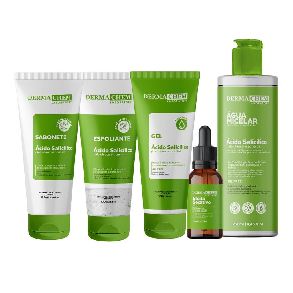 Kit Skin Care Limpeza Controle Peles Oleosas e Tratamento de Acne Dermachem 5 Produtos - Água Micelar