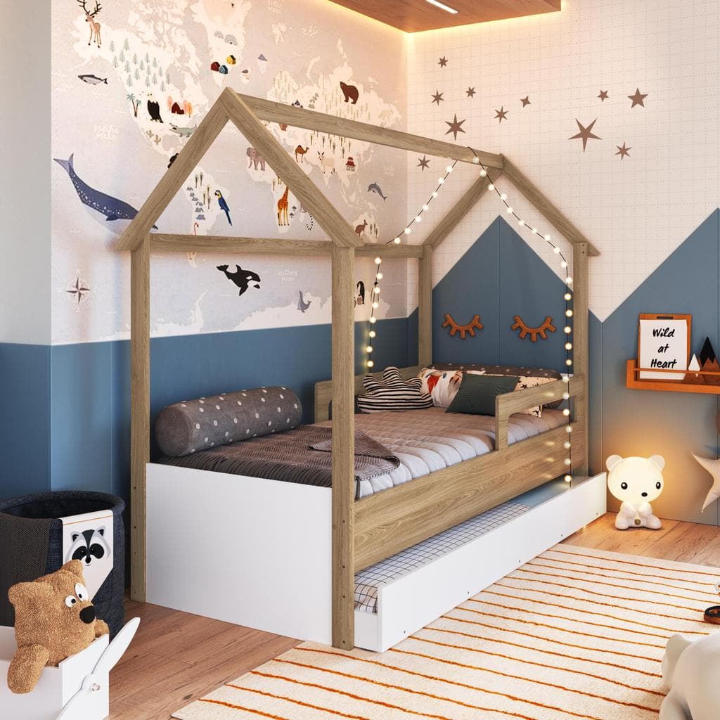 Cama Infantil Bicama Montessori Casinha 188x78cm com Proteção Lateral e Cama Auxiliar Aveiro/Branco