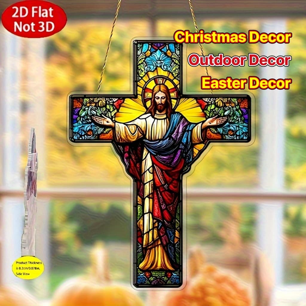 Decoração de Parede Acrílica Estilo Bohemio 2D Plana - Design Ornado da Cruz de Jesus Cristo com Padrões Florais Vibrant