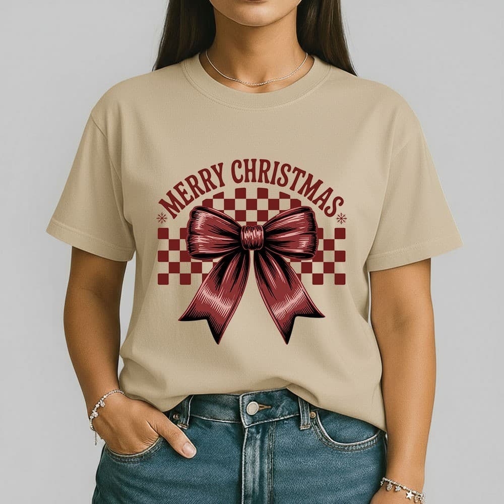 Camiseta Feminina Merry Christmas 100% Algodão Laço Vermelho Estampa Retrô Natalina