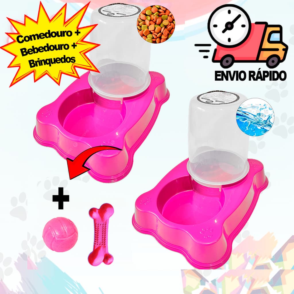 Kit Comedouro Bebedouro Para Cães e Gatos Brinquedo Mordedor Pet