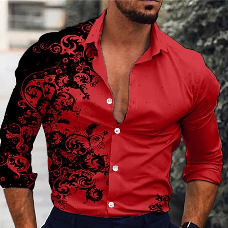 Camisa masculina de manga longa com estampa vermelha, casual, versátil, estilo street, com gola e fecho de botão único.